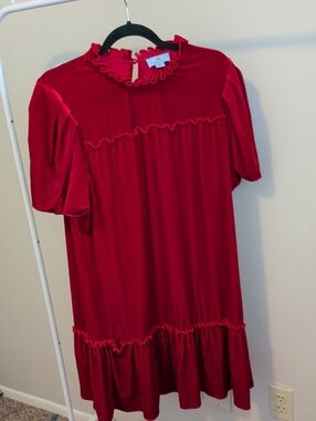Red Velvet Ruffle-Hem Dress Baby Doll 80's Vintage Inspired